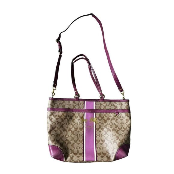 COACH LEATHER CARRYALL IN SIGNATURE CANVAS KHAKI LILAC LEATHER TOTE BAG - Picture 1 of 16